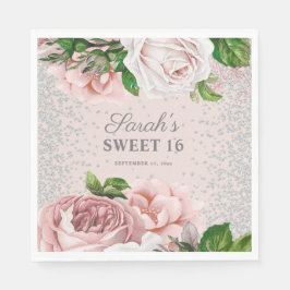 Rosa Rosen Blütensilber Glitzer Sweet 16 Serviette