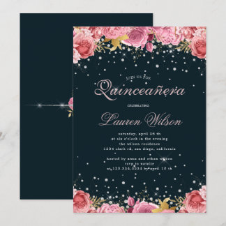 Rosa Rosen Diamanten elegante Quinceanera Einladun Einladung