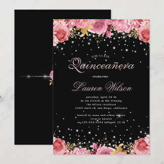 Rosa Rosen Diamanten elegante Quinceanera Einladun Einladung