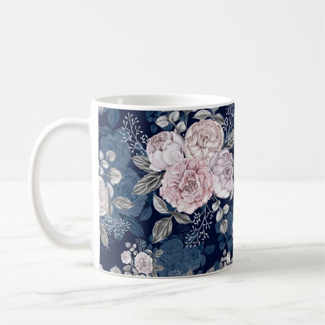 Rosa Rosen Dunkelblau: Vintag Kaffeetasse (Links)