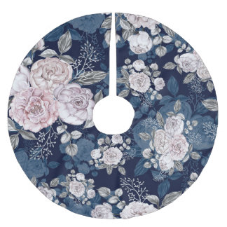 Rosa Rosen Dunkelblau: Vintag Polyester Weihnachtsbaumdecke