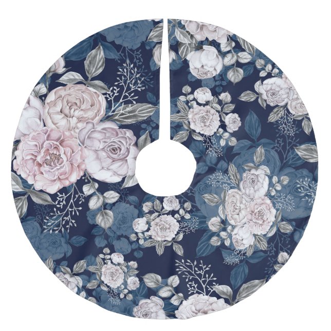 Rosa Rosen Dunkelblau: Vintag Polyester Weihnachtsbaumdecke (Vorderseite)