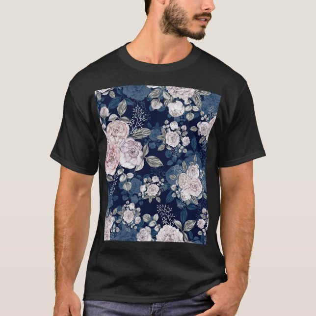 Rosa Rosen Dunkelblau: Vintag T-Shirt (Vorderseite)