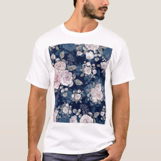 Rosa Rosen Dunkelblau: Vintag T-Shirt