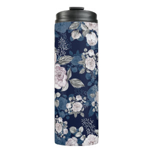 Rosa Rosen Dunkelblau: Vintage Thermosbecher