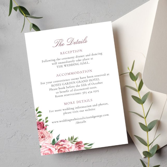 Rosa Rosen elegante Hochzeitsunterkunft Details Begleitkarte (Von Creator hochgeladen)