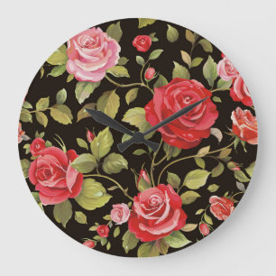 Rosa Rosen: elegantes Blumenmuster. Große Wanduhr