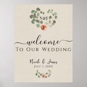 Rosa Rosen- & Eukalyptus-Herz Rustikale Hochzeit Poster