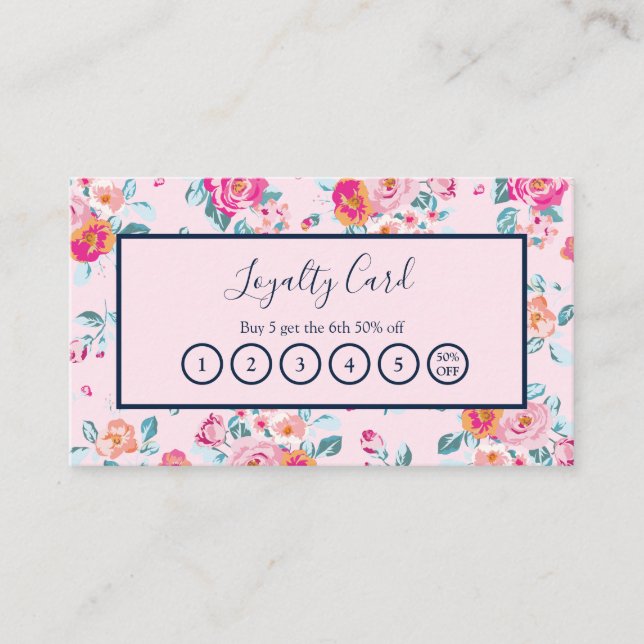 Rosa Rosen floral auf Navy Blue Loyalty Punch Card Visitenkarte (Vorderseite)