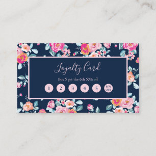 Rosa Rosen floral auf Navy Blue Loyalty Punch Card Visitenkarte