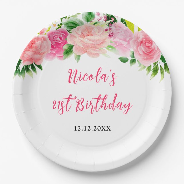 Rosa Rosen Floral Geburtstag Pappteller (Vorderseite)