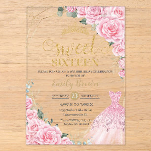 Rosa Rosen Floral Gold Prinzessinnen Kleid Sweet 1 Acryleinladungen