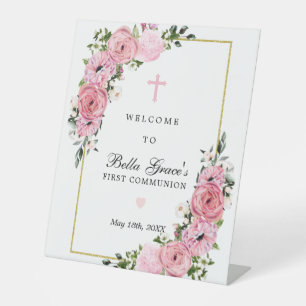Rosa Rosen Florale Erstkommunion Begrüßung Sockelschild