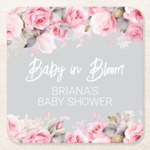 Rosa Rosen Florale Graue Baby Shower Mädchen Rechteckiger Pappuntersetzer