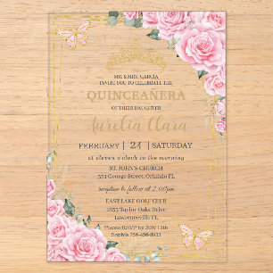 Rosa Rosen Florale Quinceanera Sweet 16 Schmetterl Acryleinladungen