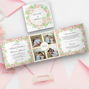 Rosa Rosen Florales Fotocollage Hochzeit Dreifach Gefaltete Einladung