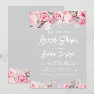 Rosa Rosen Florales Graues Brautbad Einladung