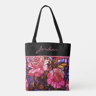 Rosa Rosen-Garten-Buntglas-Monogramm Tasche