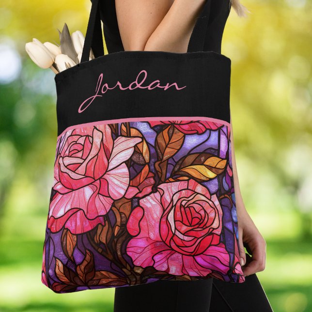 Rosa Rosen-Garten-Buntglas-Monogramm Tasche (Von Creator hochgeladen)