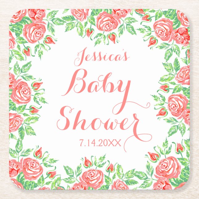 Rosa Rosen-Girly Baby-Dusche Rechteckiger Pappuntersetzer (Vorderseite)