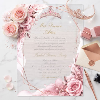 Rosa Rosen-Gold-Prinzessin Quinceañera Acryleinladungen