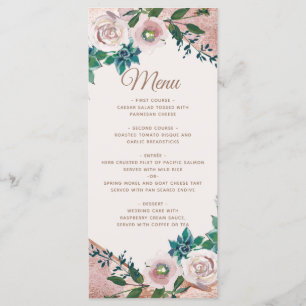 Rosa Rosen-Gold-Sukkulenten Hochzeitsmenü Menükarte