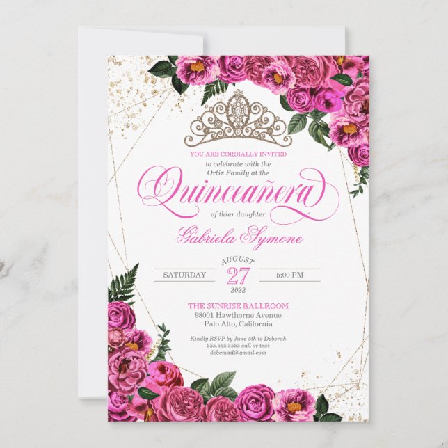 Rosa Rosen & Gold Tiara Elegantes Quinceñera Einladung (Vorderseite)
