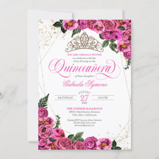 Rosa Rosen & Gold Tiara Elegantes Quinceñera Einladung