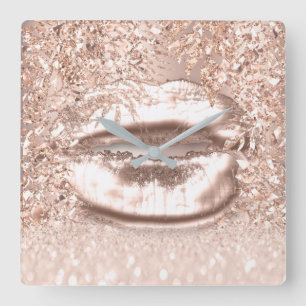 Rosa Rosen-Goldfunken-BlumenGlitzer-Lippen Girly Quadratische Wanduhr