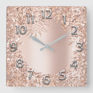 Rosa Rosen-Goldmetallischer BlumenGlitzer erröten Quadratische Wanduhr