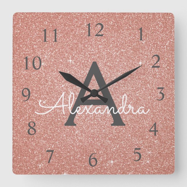 Rosa - Rosen-Goldschein-Glitzer-Monogramm-Name Quadratische Wanduhr (Vorderseite)