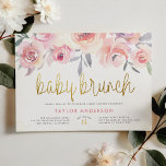 Rosa Rosen & Greenery Gold Baby Brunch Babydusche Einladung<br><div class="desc">Chic Gold und rosa Blumen Baby Dusche Einladungen. Dieses Design beinhaltet den "Baby Brunch" in Goldkalligraphie, Ihre Duschdetails in der modernen Typografie, Imitate mit Goldverzierung und ein Bouquet mit blindfarbenen, rosa Aquarell-Rose. Diese Karten kehren zu einer grünen Aquarellwäsche um. Klicken Sie auf "Diese Vorlage personalisieren", um den Text zu ändern....</div>