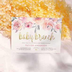 Rosa Rosen & Greenery Gold Baby Brunch Babydusche Einladung