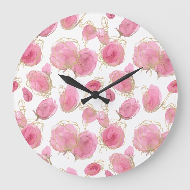 Rosa Rosen Große Wanduhr (Vorderseite)