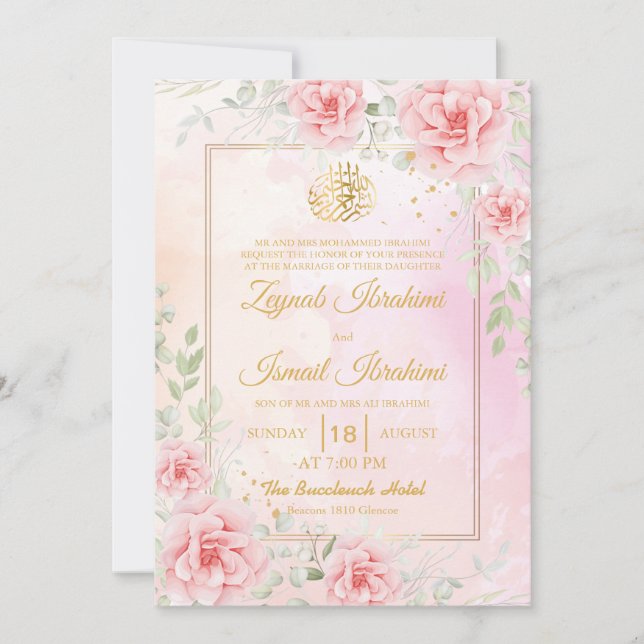 Rosa Rosen, grünes Leaf Gold Islamische Hochzeit Einladung (Vorderseite)