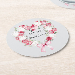 Rosa Rosen Herz Brautdusche Floral Runder Pappuntersetzer