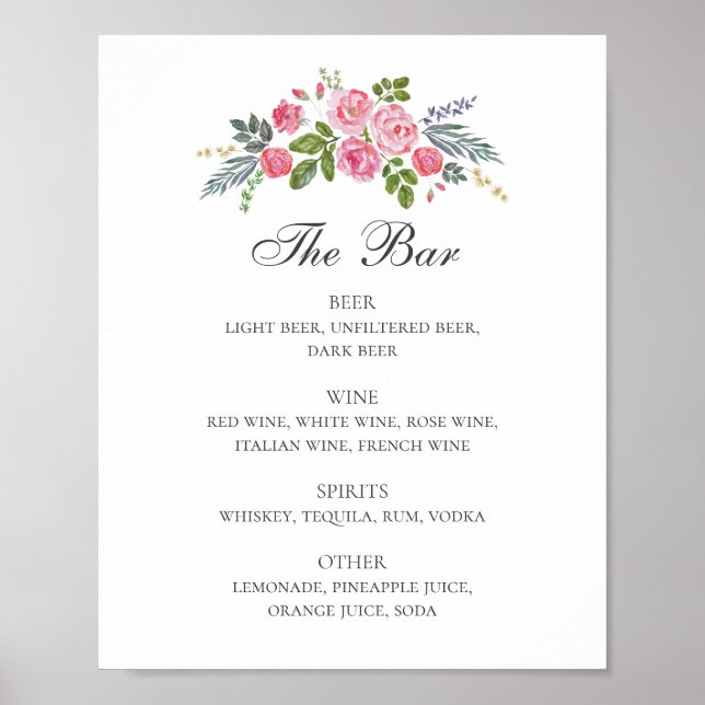 Rosa Rosen. Hochzeitsgetränke im Blumengarten Bar Poster (Vorne)