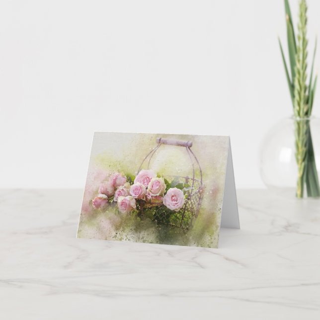 Rosa Rosen im Korb Danke Karte (Vorderseite)