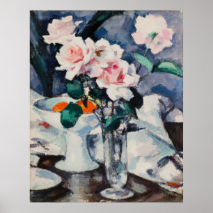 Rosa Rosen in Glasvase, berühmtes Gemälde Poster