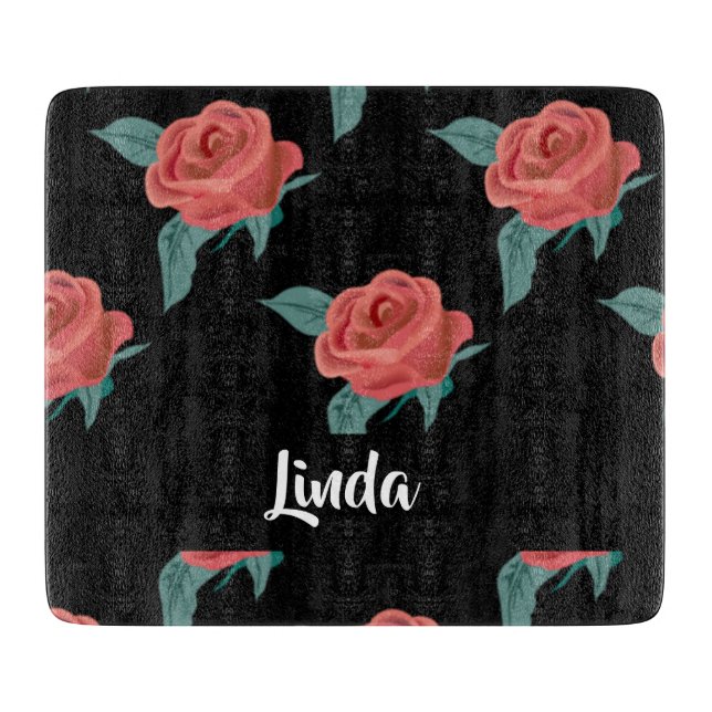 Rosa Rosen in schwarz Schneidebrett (Vorderseite)