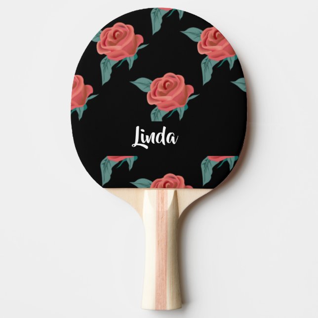 Rosa Rosen in schwarz Tischtennis Schläger (Vorderseite)