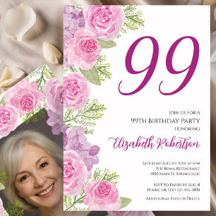 Rosa Rosen individuelles Fototemplate 99. Geburtst Einladung