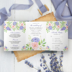 Rosa Rosen Lila Hortensien Florale Hochzeit Dreifach Gefaltete Einladung