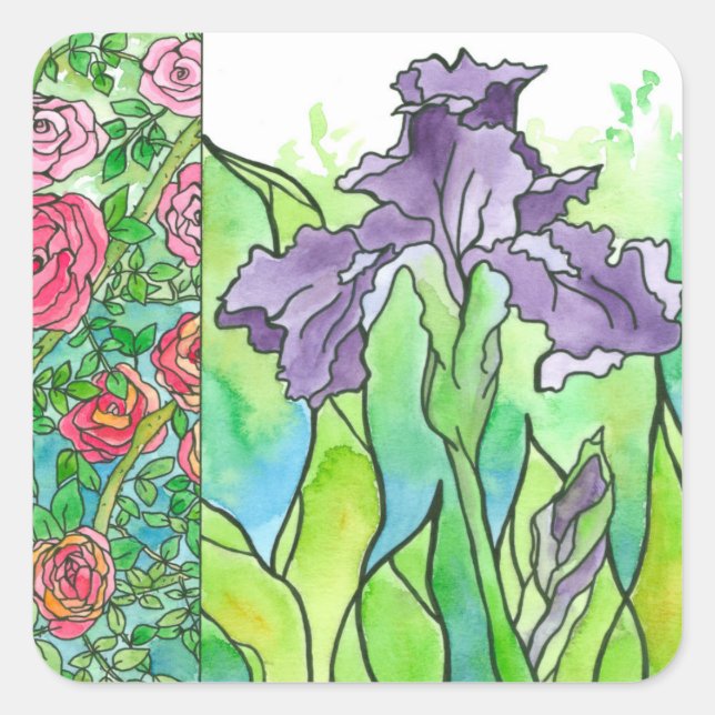 Rosa Rosen Lila Iris Aquarellfarben Blume Quadratischer Aufkleber (Vorderseite)