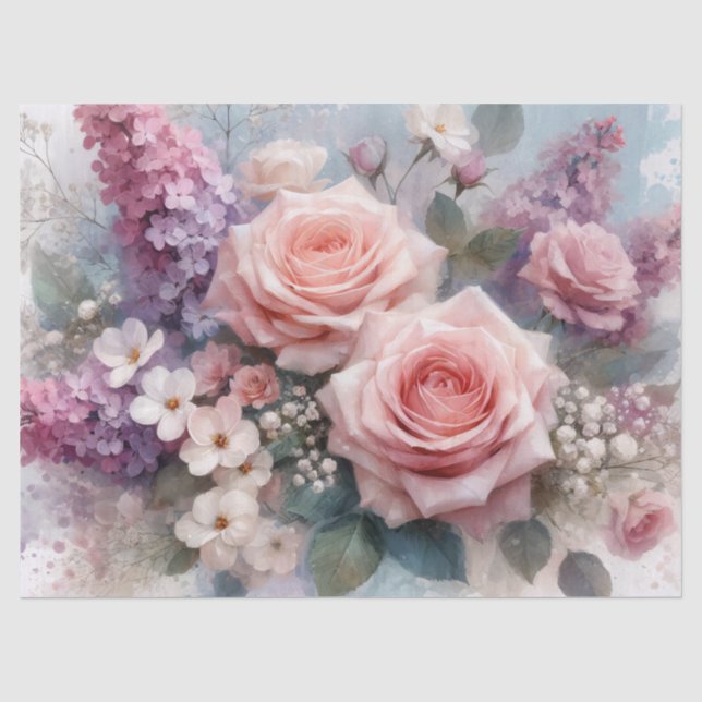 Rosa Rosen Lila Lilacs Aquarellfärbung Decoupage Seidenpapier (Vorderseite)