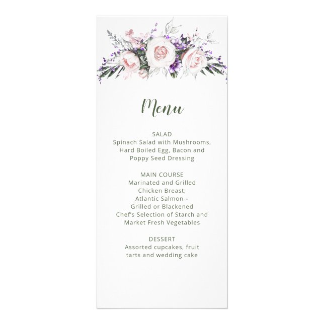 Rosa Rosen Lila Wildblumen Hochzeit | Menü (Vorne)