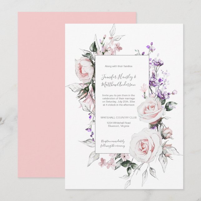 Rosa Rosen Lila Wildblumen Rahmen Hochzeit Einladung (Vorne/Hinten)