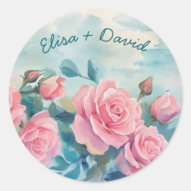 Rosa Rosen Malerei Brautparty CUSTOM Runder Aufkleber (Vorderseite)