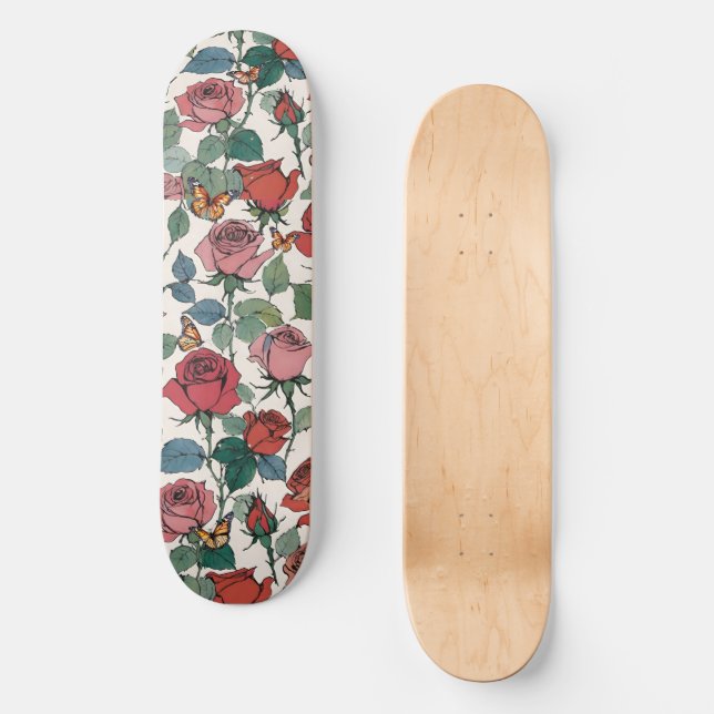 Rosa Rosen mit Blätter und Monarchschmetterlinge Skateboard (Vorderseite)