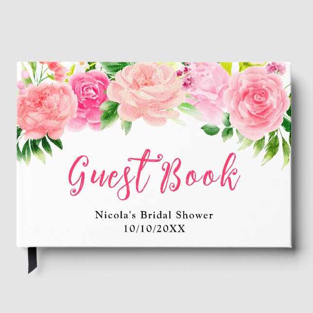 Rosa Rosen mit Blattwerk-Brautjungfergeschenkparty Gästebuch (Vorderseite)